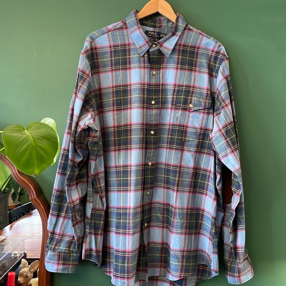 Polo Ralph Lauren Men's XXL Blue Pink Cream Plaid Shirt Classic Preppy Pocket